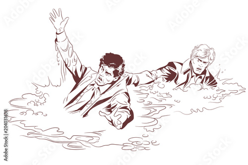 Man saves a drowning male. Stock illustration.