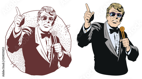 Smiling man in glasses with microphone presenting product. Stock illustration.