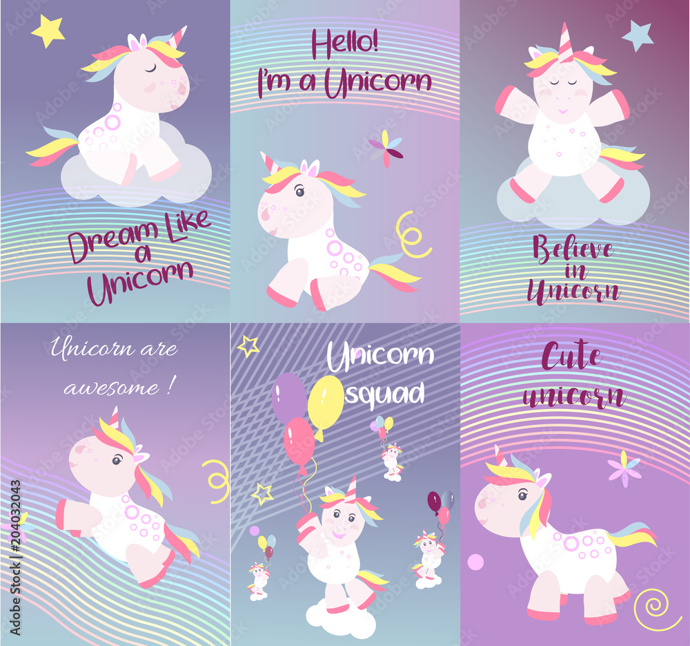 Cute unicorn cards magic baby vector Cute unicorn cards magic baby vector