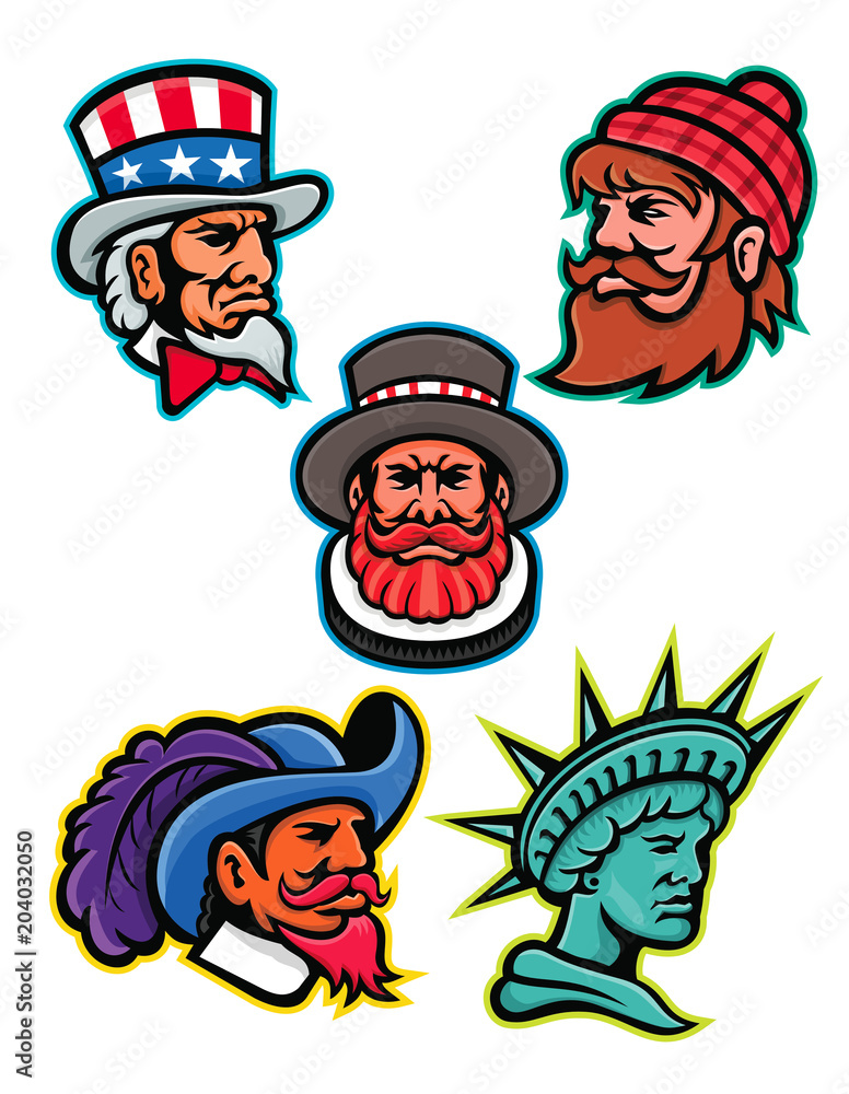 Obraz premium Mascot icon illustration set of heads of American and British mascots such as Uncle Sam, Paul Bunyan lumberjack, Beefeater or Yeoman, Cavalier or Musketeer and Lady Liberty or Libertas on isolated bac