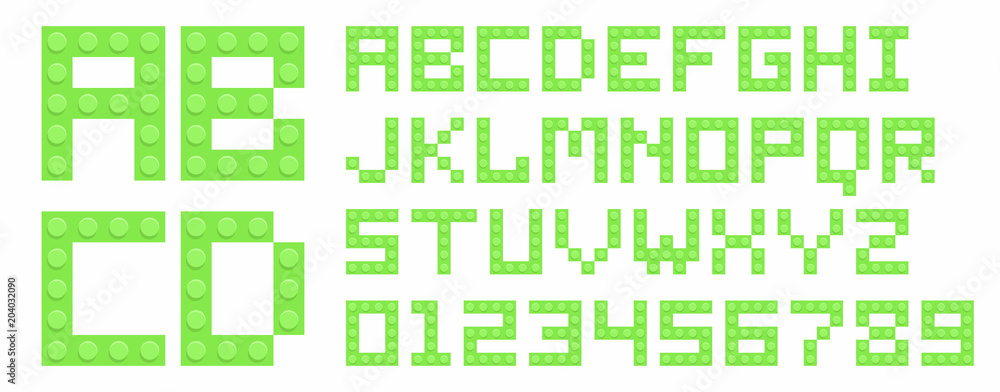 Green brick toys alphabet with numbers isolated on white background Green brick toys alphabet with numbers isolated on white background