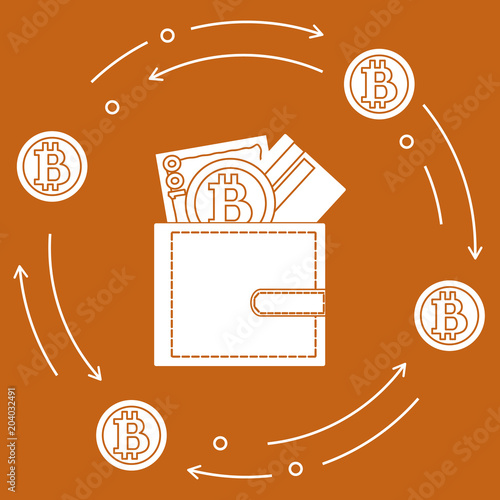 Purse with banknote, credit card and bitcoin.