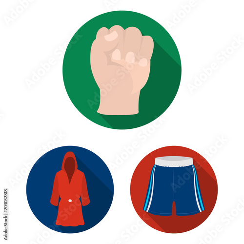 Boxing extreme sports flat icons in set collection for design. Boxer and attributes vector symbol stock web illustration.