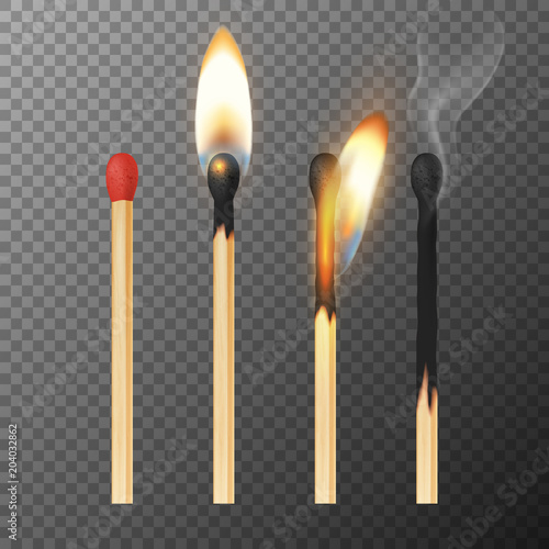Vector 3d realistic match stick icon set, closeup isolated on transparency grid background. Whole and burnt matchstick. Stages of burning the match. Symbol of ignition, burning and withering. Design