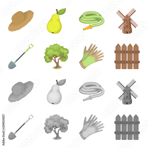 A shovel with a handle, a tree in the garden, gloves for working on a farm, a wooden fence. Farm and gardening set collection icons in cartoon,monochrome style vector symbol stock illustration web.
