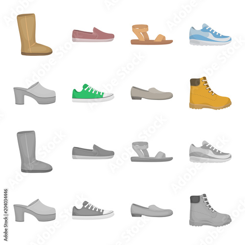 Flip-flops, clogs on a high platform and heel, green sneakers with laces, female gray ballet flats, red shoes on the tractor sole. Shoes set collection icons in cartoon,monochrome style vector symbol
