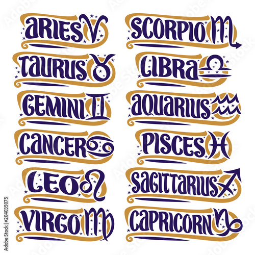 Vector set of Zodiac Signs, collection of 12 astrology symbols with handwritten text for predicting horoscope on white background, original hand written brush typeface for twelve blue words and signs.