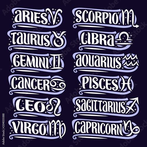 Vector set of Zodiac Signs, collection of 12 astrology symbols with handwritten text for predicting horoscope on blue background, original hand written brush typeface for twelve white words and signs.