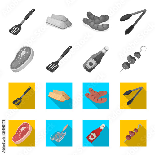 Raw meat steak, grill with handle, bottle of ketchup, shish kebab.BBQ set collection icons in monochrome,flat style vector symbol stock illustration web.