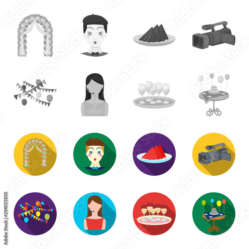 Garland with flags and balls, leading celebration with a microphone, a tray with glasses with champagne, a table covered with a tablecloth with plates, cake and balls. Event services set collection