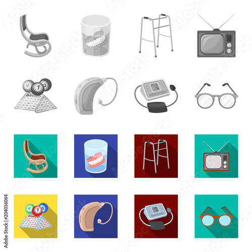 Lottery, hearing aid, tonometer, glasses.Old age set collection icons in monochrome,flat style vector symbol stock illustration web.