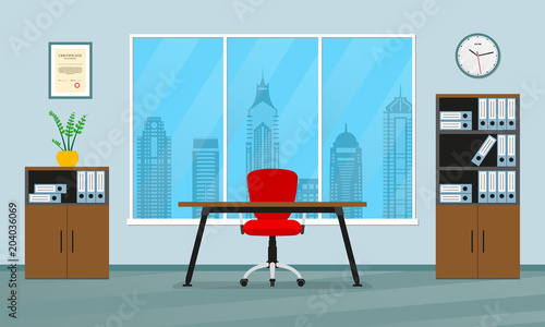 Office interior concept. Modern business workspace with office chair, desk, bookcase, clock on the wall and window. Vector illustration.