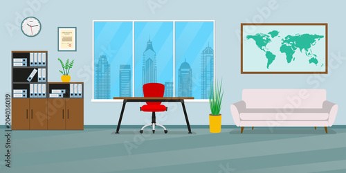 Office interior concept. Modern business workspace with office chair, desk with computer, bookcase, clock on the wall and window. Vector illustration.