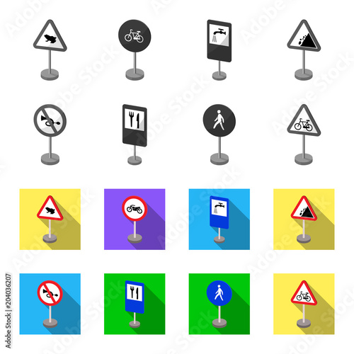 Different types of road signs monochrome,flat icons in set collection for design. Warning and prohibition signs vector symbol stock web illustration.