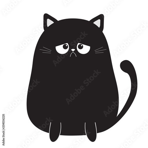 Black cute sad cranky cat kitten. Bad emotion. Cartoon kitty character. Kawaii animal. Funny face with eyes, mustaches, nose, ears. Love Greeting card. Flat design. White background Isolated.