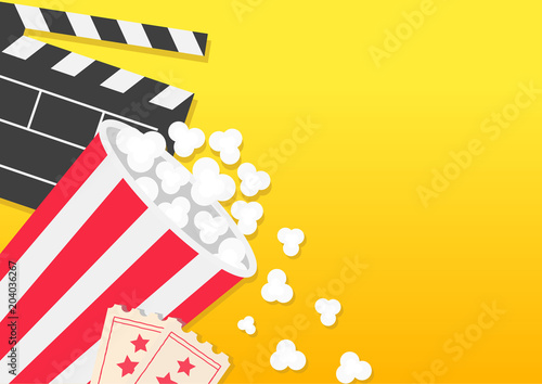 Movie reel Open clapper board Popcorn bucket box package Ticket Admit one. Three star. Pop corn falling. Cinema icon set. Flat design style. Yellow background banner template.