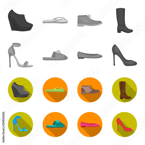 Blue high-heeled sandals, homemade lilac slippers with a pampon, pink women ballet flats, brown high-heeled shoes. Shoes set collection icons in monochrome,flat style vector symbol stock illustration