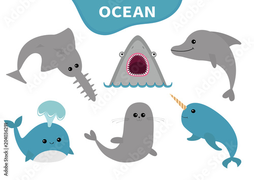 Sea ocean animal fauna icon set. Blue whale, sawshark, dolphin, narwhal, seal. Saw shark fish. Water inhabitant. Cute cartoon baby character collection. Isolated. White background Flat design