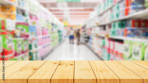  Wood floor and Supermarket blur background, Product display, template,