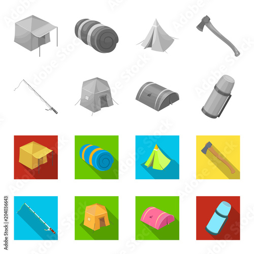 Spinning for fishing, tent, thermos.Tent set collection icons in monochrome,flat style vector symbol stock illustration web.