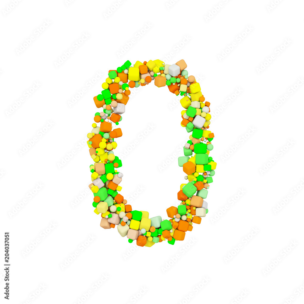 Alphabet number 0. Funny font made of orange, green and yellow shape cube. 3D render isolated on white background. Alphabet number 0. Funny font made of orange, green and yellow shape cube. 3D render isolated on white background.