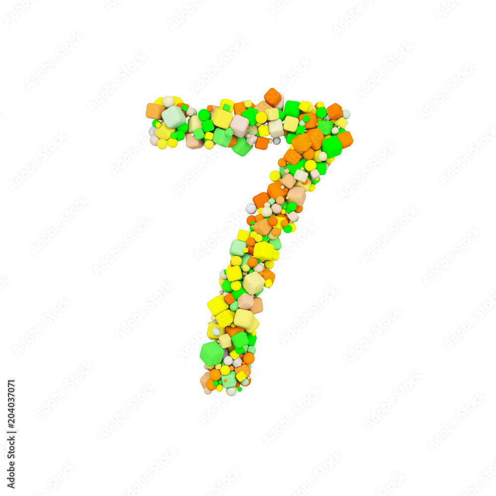 Alphabet number 7. Funny font made of orange, green and yellow shape cube. 3D render isolated on white background. Alphabet number 7. Funny font made of orange, green and yellow shape cube. 3D render isolated on white background.