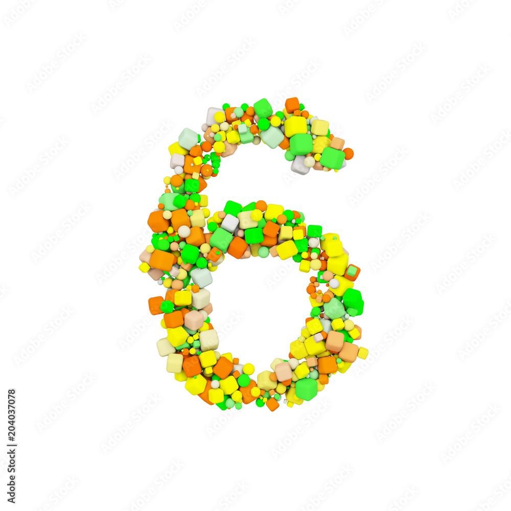 Alphabet number 6. Funny font made of orange, green and yellow shape cube. 3D render isolated on white background. Alphabet number 6. Funny font made of orange, green and yellow shape cube. 3D render isolated on white background.