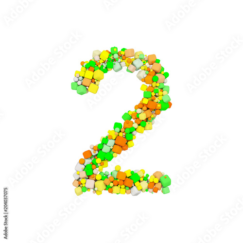 Alphabet number 2. Funny font made of orange, green and yellow shape cube. 3D render isolated on white background.