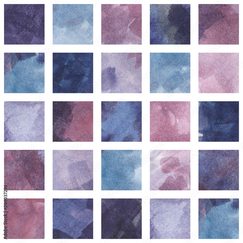 Fototapeta premium Squared seamless pattern of hand-drawn watercolor painting, violet background, amethyst stained glass