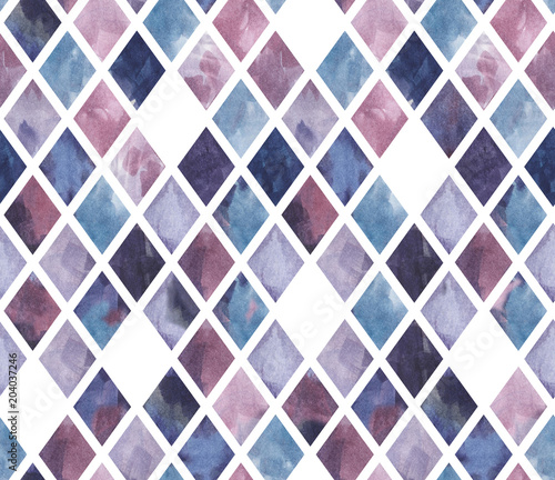 Rhombic seamless pattern of hand-drawn watercolor painting, violet background, amethyst stained glass with gaps