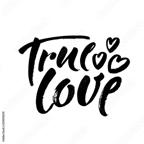 True love postcard. Phrase for Valentine's day. Ink illustration. Modern brush calligraphy. Isolated on white background.