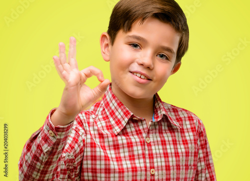 Handsome toddler child with green eyes doing ok sign with hand, approve gesture over yellow background