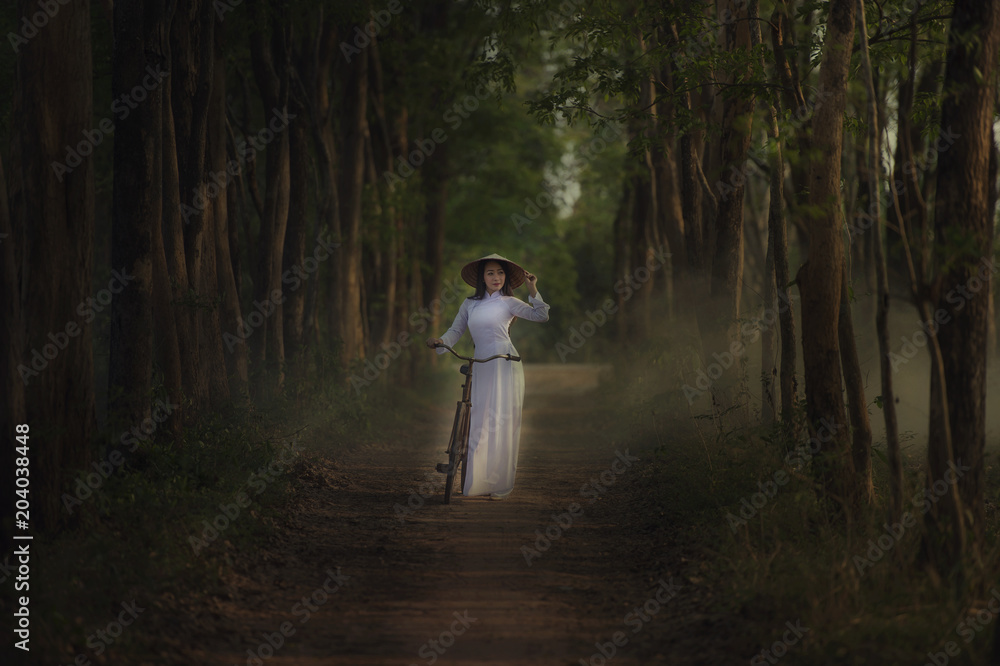 Fototapeta premium Beautiful woman with Vietnam culture traditional dress,traditional costume ,vintage style,Vietnam.