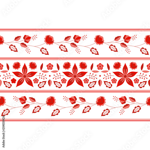 Fototapeta Naklejka Na Ścianę i Meble -  Polish folk pattern vector. Floral ethnic ornament. Slavic eastern european print. Red border flower design for gypsy blanket, bohemian interior textile, mexican tablecloth, clothing embroidery.
