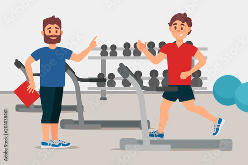 Trainer and young man on treadmill. Sport gym interior with equipment. Active workout. Colorful flat vector design