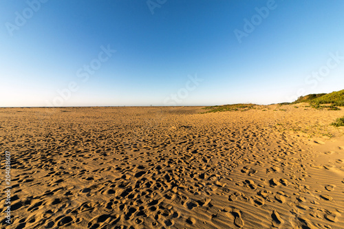 Patterned Beach Sand with Footprints Coastal Blue Sky Landscape