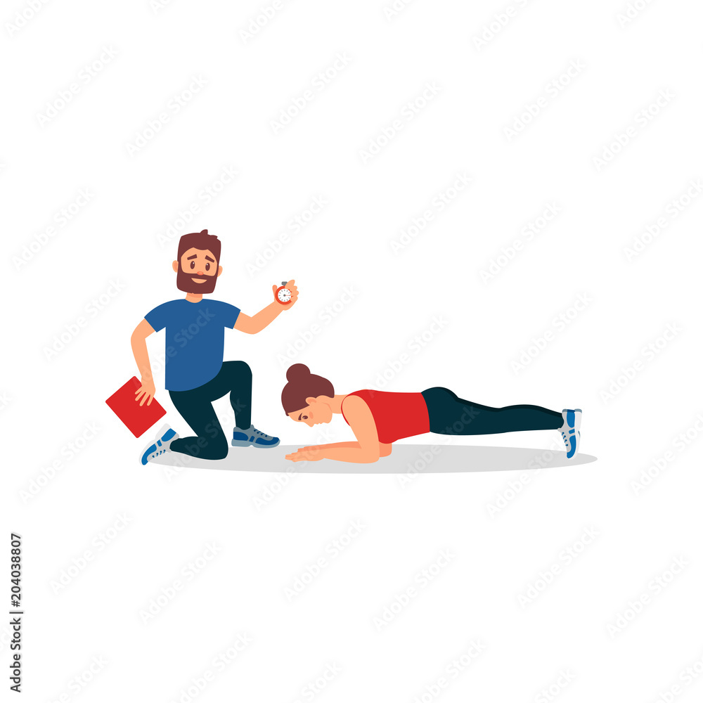 Young athlete girl doing plank exercise under control of personal trainer. Coach holding stopwatch and folder. Flat vector design Young athlete girl doing plank exercise under control of personal trainer. Coach holding stopwatch and folder. Flat vector design