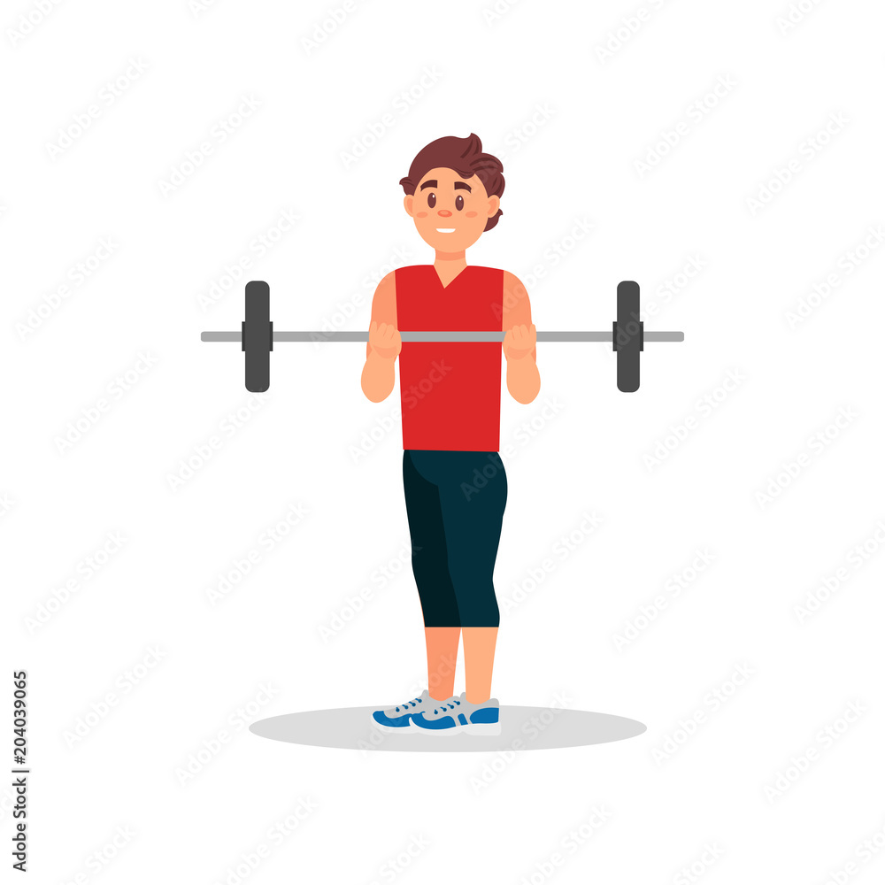 Smiling guy doing exercise with barbell. Active workout in gym. Physical activity. Flat vector illustration Smiling guy doing exercise with barbell. Active workout in gym. Physical activity. Flat vector illustration