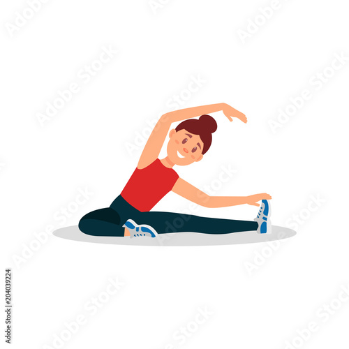 Young girl warming up before training. Woman doing exercise sitting on floor. Colorful flat vector design