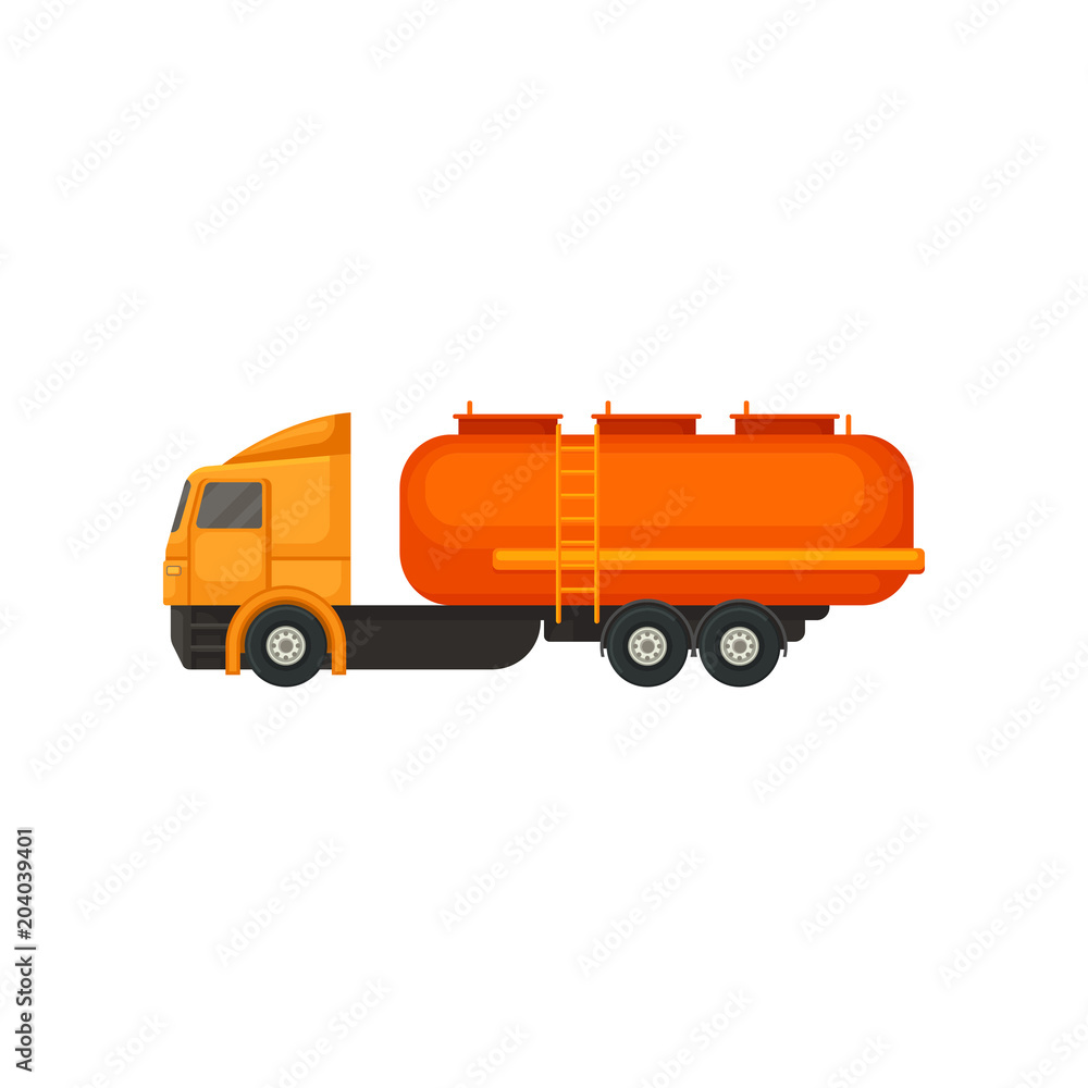 Semi truck with orange tank and ladder. Heavy industrial vehicle with large reservoir for transporting liquid or gas. Flat vector icon