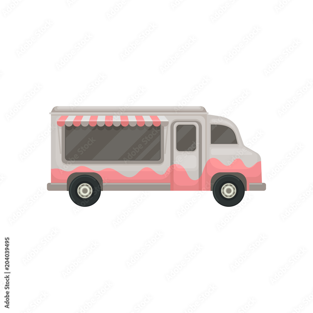 Flat vector icon of food truck. Small gray van with awning. Cafe on wheels. Graphic design for promo poster