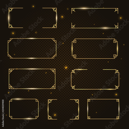 Vector golden light rectangle frame, shining rectangle banner set with lights effects, isolated on dark, black transparent background. Vector illustration, eps 10.