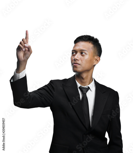 Young Asian Businessman Pointing Up Isolated White Background