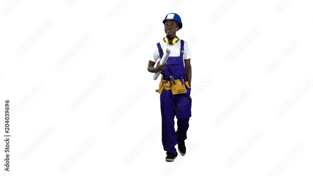 African American engineer goes carries a drawing of the building. Alpha channel African American engineer goes carries a drawing of the building. Alpha channel