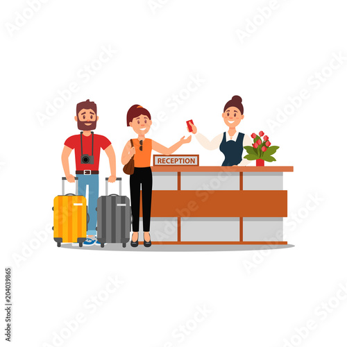 Young family couple at hotel reception. Desk clerk extending hand with key card. People on vacation. Flat vector design
