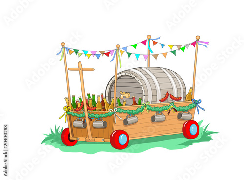 Grußkarte zum Vatertag,
Geschmückter Bollerwagen mit Bierfass, Bierflaschen und Bratwurst,
Vektor Illustration isoliert auf weißem Hintergrund