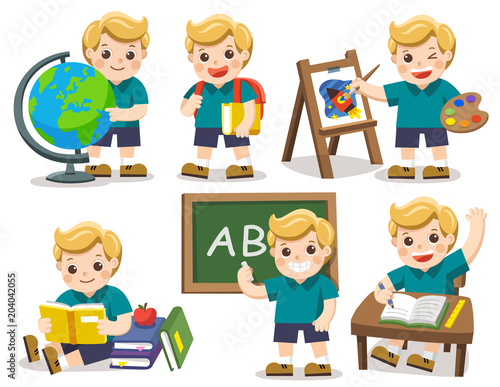 Back to school. A cute student study in school , drawing a picture, reading books. Isolated vector.