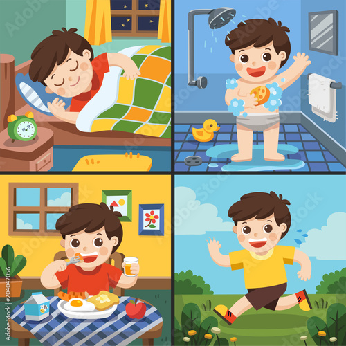 Illustration of The daily routine of a cute boy. [sleep, take a bath, eat, running]