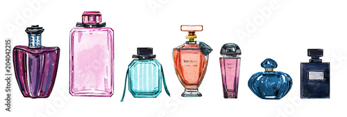 Hand drawn watercolor set of different women perfume bottles