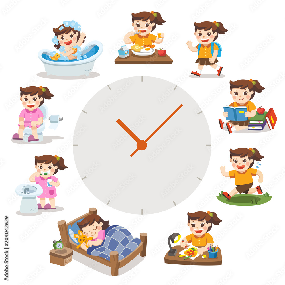 Day time. A Cute Girl in different situations. Daily routine with red ...